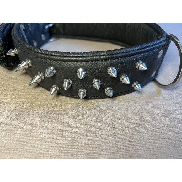Angel Genuine Leather Spiked Studded Dog Collar Wide Padded Black Heavy Duty - Picture 2 of 10